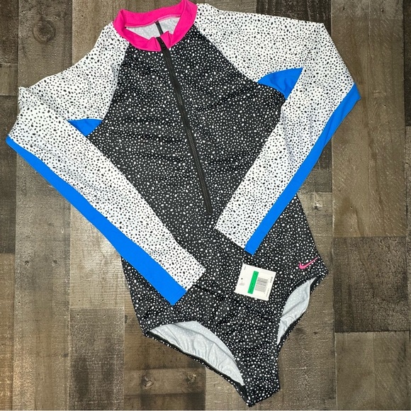 NWT Nike Black and White Long Sleeve Swimsuit with Pink and Blue Accents - Picture 1 of 11